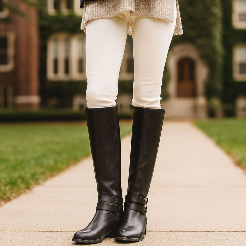 Frye Christie Tall Riding Boots Womens Sz 7.5 Black Leather 2 Buckles Equestrian
